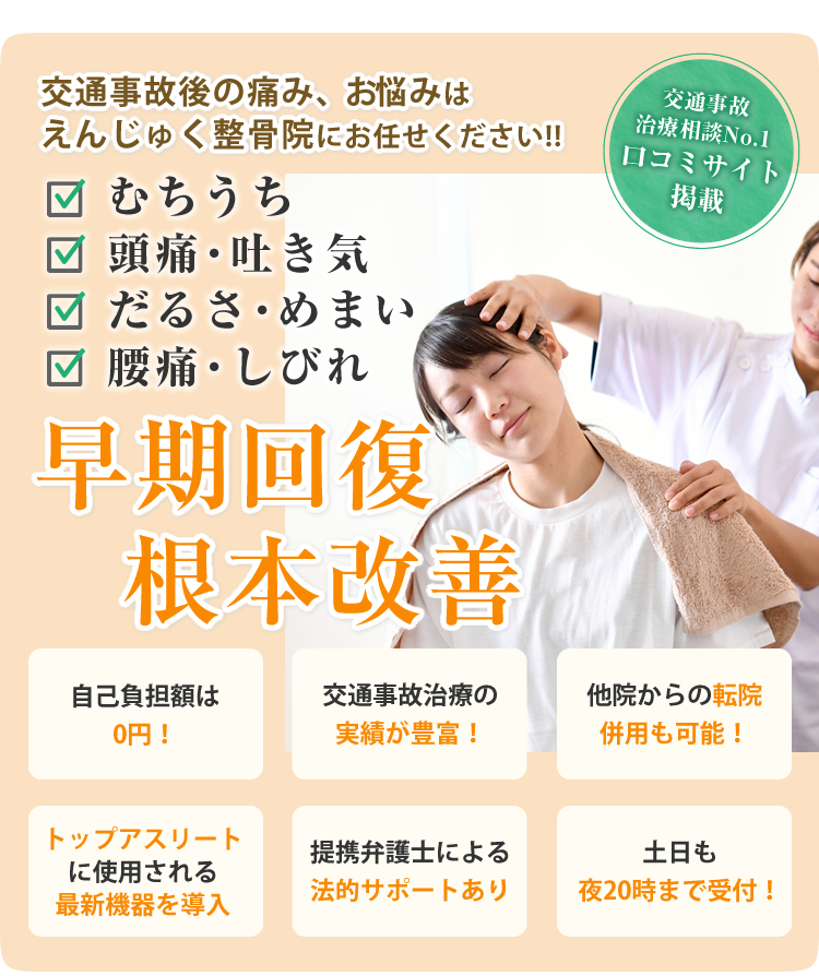 交通事故後の痛み、お悩みはえんじゅく整骨院にお任せください！むちうち、頭痛・吐き気、だるさ・めまい、腰痛・しびれ、早期回復・根本改善